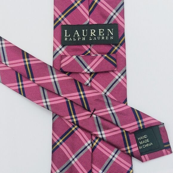 Lauren Ralph Lauren Black Label 100% Silk Men's Neck Tie Pink Plaid Preppy - Picture 2 of 5